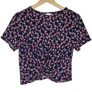 GAZE Crop Top Floral Roses Twist Front Shirt Sleeve T Shirt Fitted Size Large